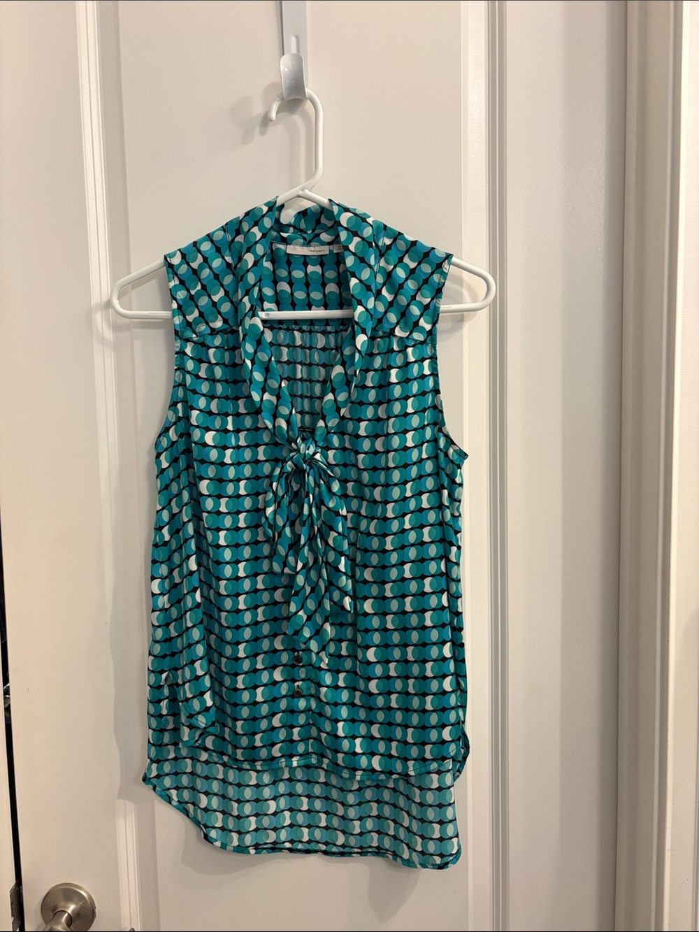 Halogen Teal & White Dot Tie-Neck Sleeveless Top